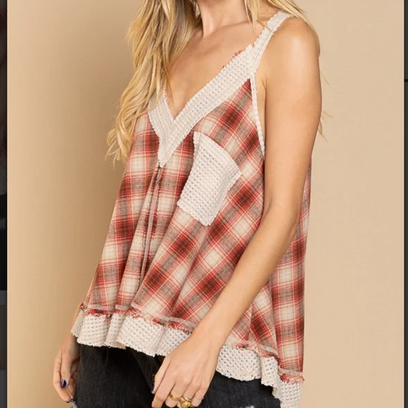 POL PLAID TANK TOP WAFFLE KNIT TRIM V NECK LOW BACK SWING TANK SUMMER TOP BR34 - Picture 2 of 5